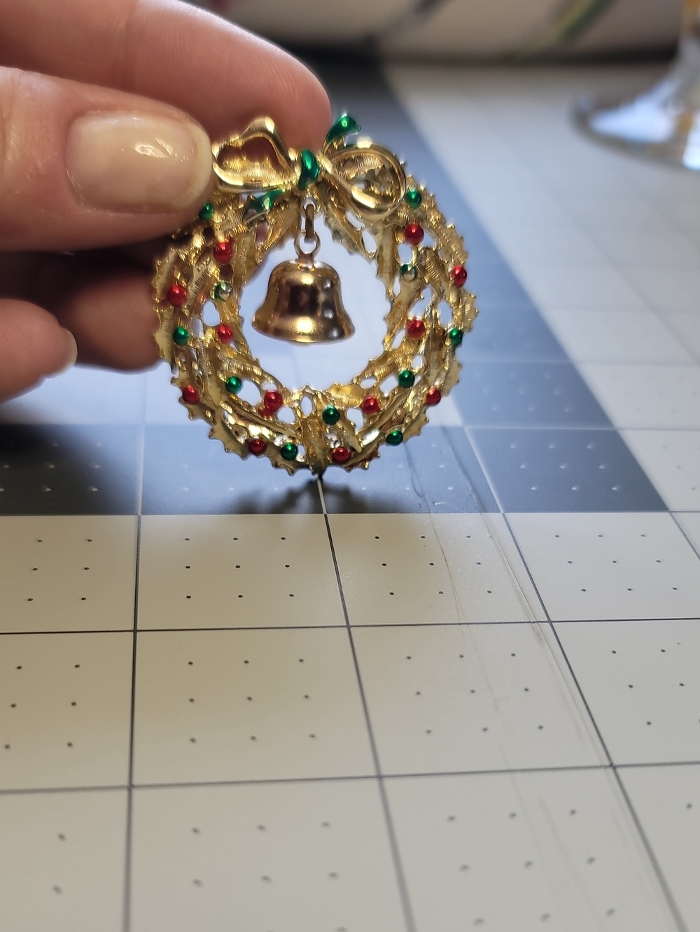 Vintage Gold-tone Holiday Wreath Bell Brooch with Red & Green Accents